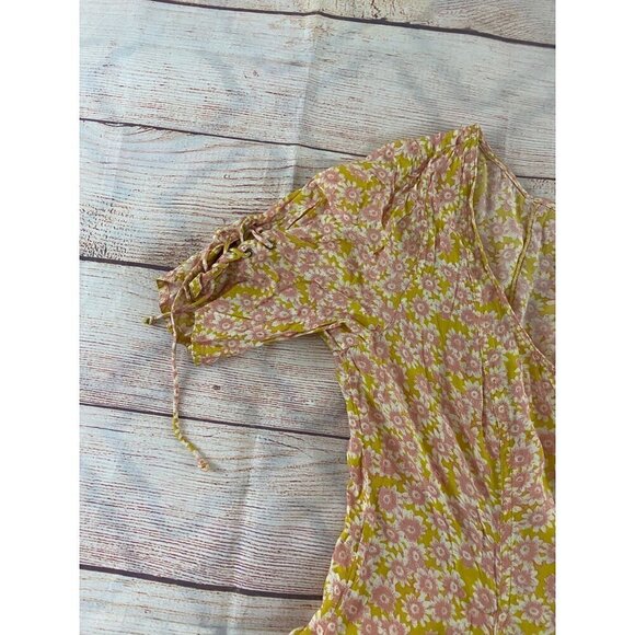 Free People Women's Yellow Floral Lace Up Mini Dress - Medium - Picture 6 of 14